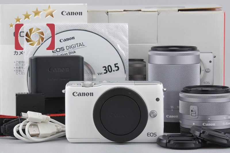 Canon EOS M10 White 18.0 MP Digital Mirrorless Camera 15-45 55-200 Lenses w/ Box