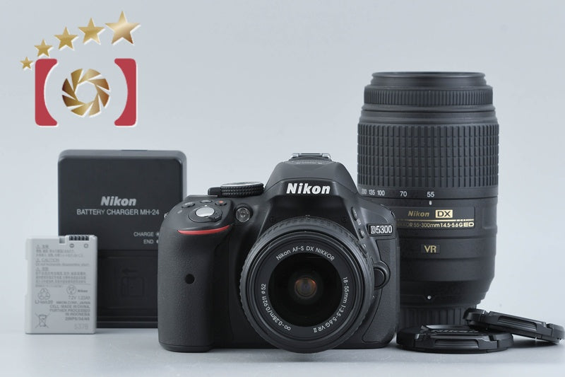 "Count 1,205" Nikon D5300 Black 24.2 MP DSLR Camera 18-55 55-300 Lenses