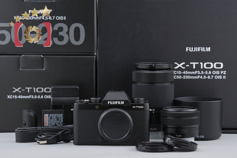 Fujifilm X-T100 Black 24.2 MP Digital Mirrorless Camera 15-45 50-230 Lens w/ Box
