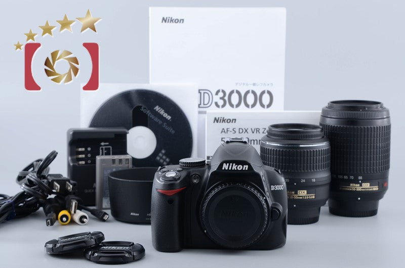 Nikon D3000 10.2 MP DSLR AF-S DX 18-55 55-200 Lenses