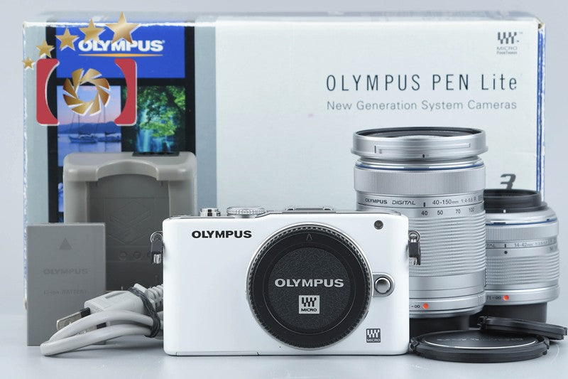 "Count 1,861" Olympus PEN Lite E-PL3 White 12.3 MP 14-42 40-150 Lenses w/ Box