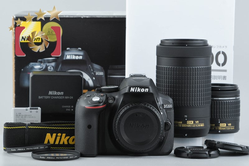 Nikon D5300 Black 24.2 MP DSLR Camera AF-P 18-55 70-300 VR Lenses w/ Box