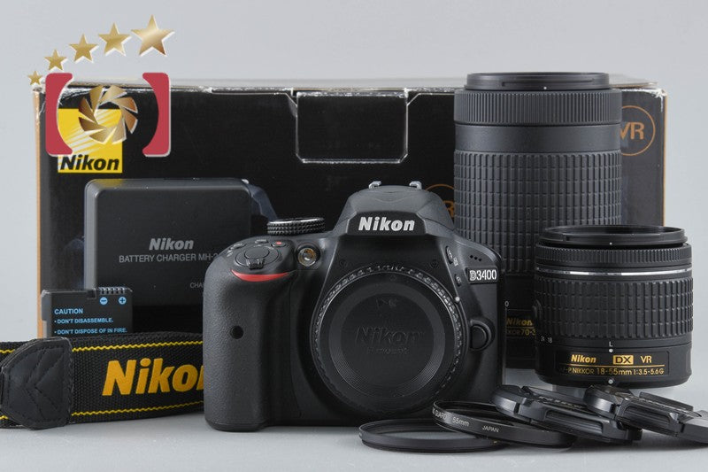 "Count 1,850" Nikon D3400 24.2 MP DSLR Black AF-P 18-55 70-300 VR Lenses w/ Box
