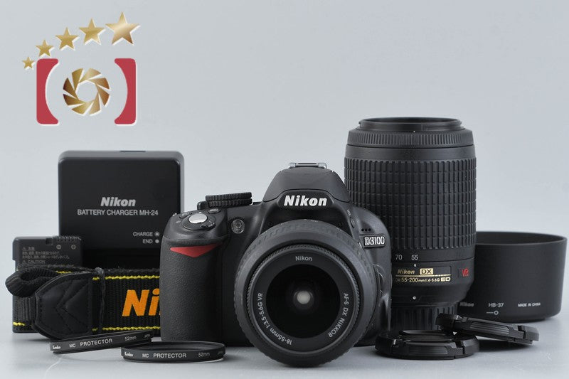 "Count 3,790" Nikon D3100 Black 14.2 MP Digital SLR Camera 18-55 55-200 Lenses