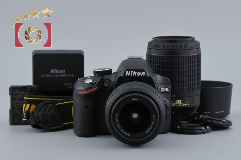 Nikon D3200 Black 24.2 MP DSLR 18-55 55-200 VR Lenses