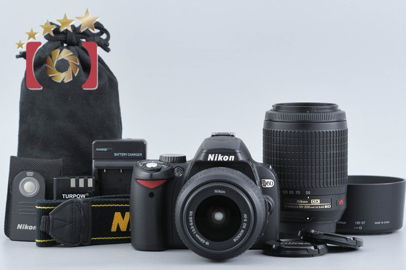 "Shutter count 2,901" Nikon D60 10.2 MP DSLR Camera 18-55 55-200 Lenses