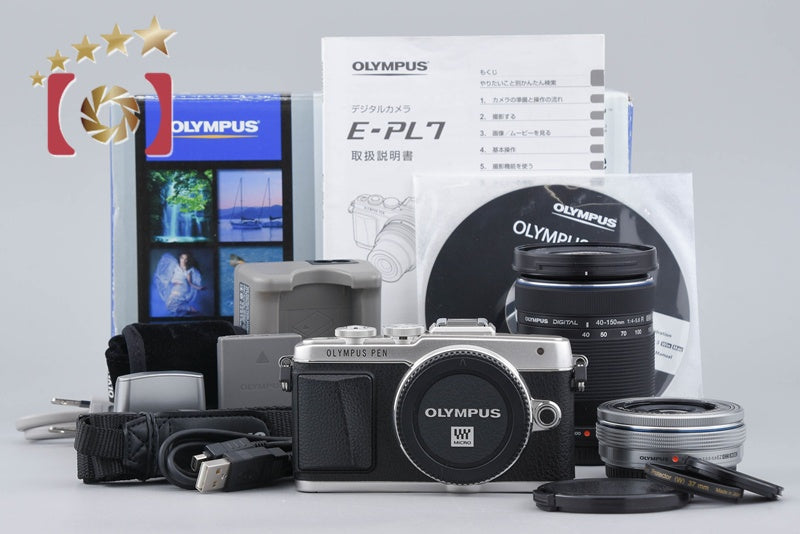 "Count 1,282" Olympus PEN Lite E-PL7 Silver 16.1MP EZ 14-42 40-150 Lenses w/ Box