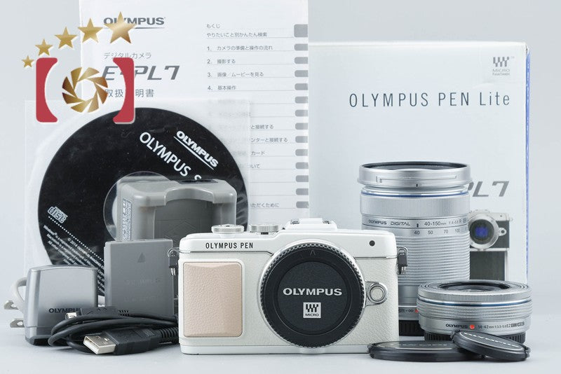 "Count 4,524" Olympus PEN Lite E-PL7 White 16.1 MP EZ 14-42 40-150 Lenses w/ Box