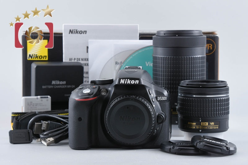 "Count 4,155" Nikon D5300 Black 24.2 MP DSLR AF-P 18-55 70-300 VR Lenses w/ Box
