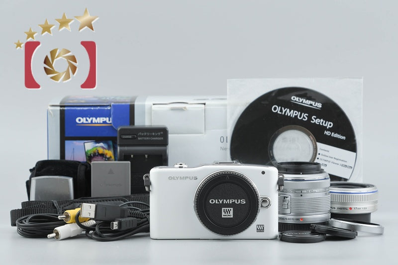 "Count 2,362" Olympus PEN mini E-PM1 White 12.3 MP 14-42 17 Lenses w/ Box