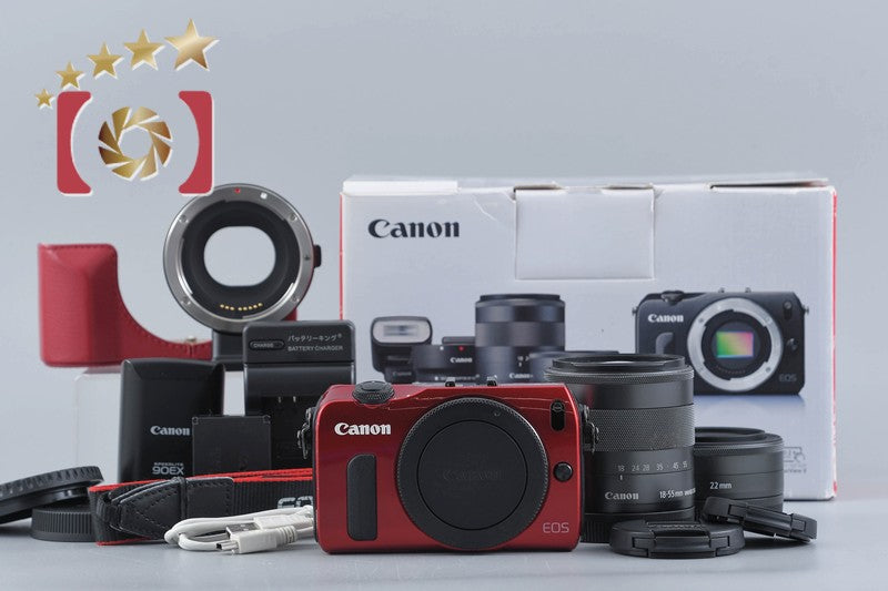 Canon EOS M Red 18.0 MP Mirrorless Camera 18-55 22 Lenses w/ Box