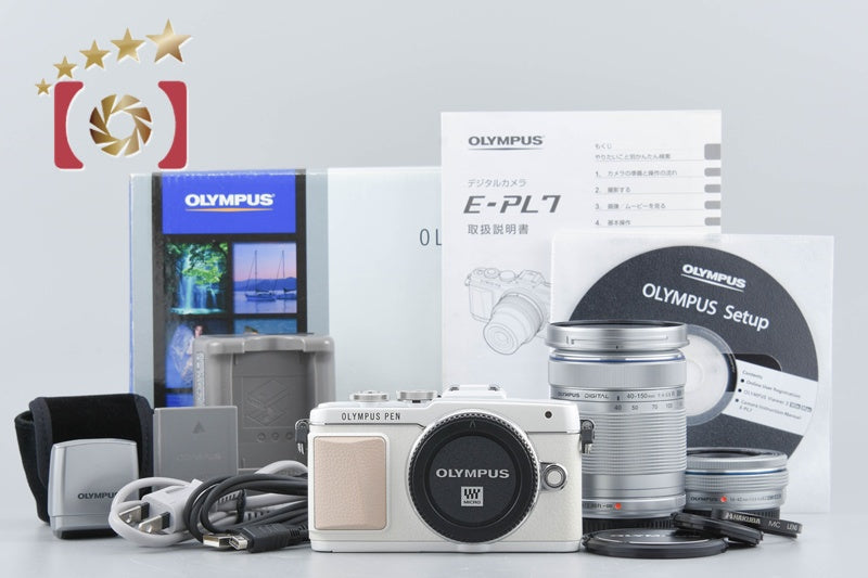 "Count 905" Olympus PEN Lite E-PL7 White 16.1 MP EZ 14-42 40-150 Lenses w/ Box