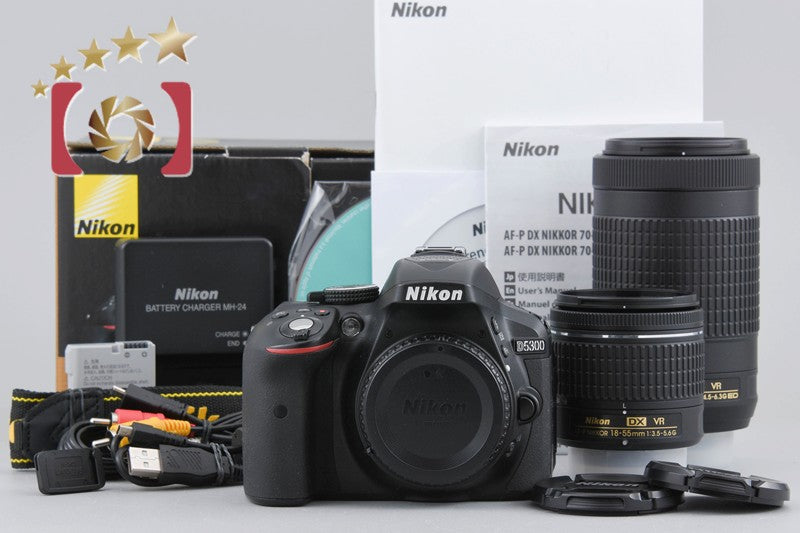 Nikon D5300 Black 24.2 MP DSLR Camera AF-P 18-55 70-300 VR Lenses w/ Box
