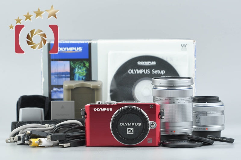 "Count 2,112" Olympus PEN Lite E-PL3 Red 12.3 MP 14-42 40-150 Lenses w/ Box
