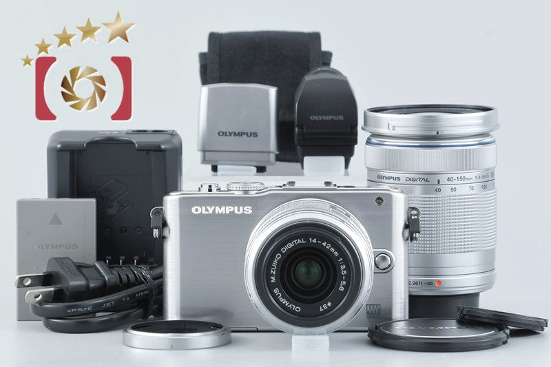 "Count 2,144" Olympus PEN Lite E-PL3 Silver 12.3 MP 14-42 40-150 Lenses