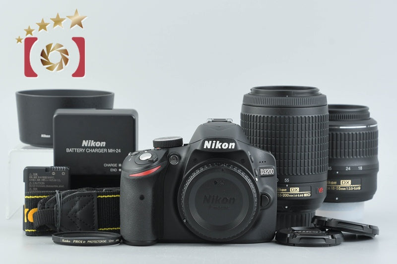 Nikon D3200 Black 24.2 MP DSLR 18-55 55-200 VR Lenses