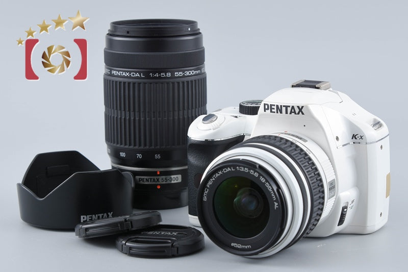 Pentax K-x White 12.4 MP DSLR SMC DA L 18-55 55-300 Lenses