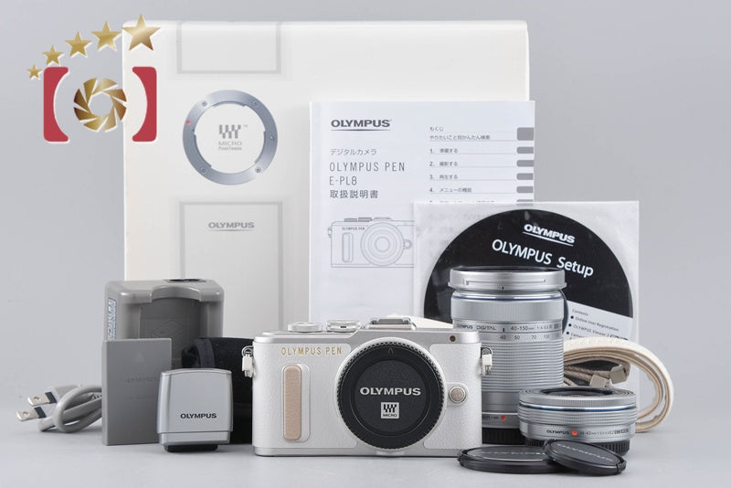 "Shutter count 666" Olympus PEN E-PL8 White 16.1 MP 14-42 40-150 Lenses w/ Box