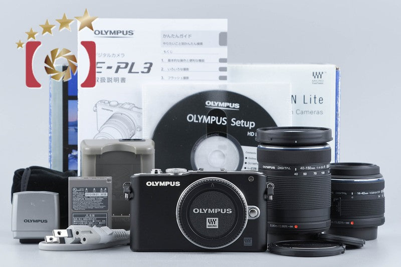 "Count 4,929" Olympus PEN Lite E-PL3 Black 12.3 MP 14-42 40-150 Lenses w/ Box