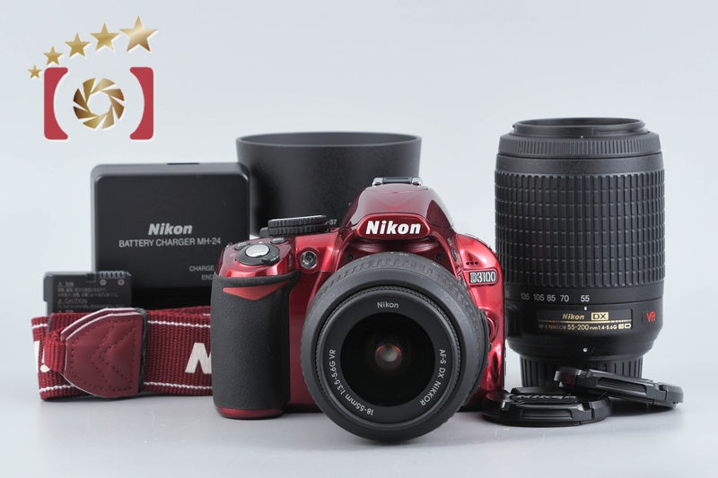 "Count 941" Nikon D3100 Red 14.2 MP Digital SLR Camera 18-55 55-200 Lenses