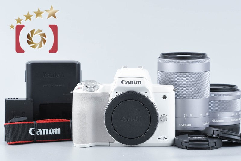 "Count 2,000" Canon EOS Kiss M2 White 24.1MP EF-M 15-45 55-200 Lenses from Japan