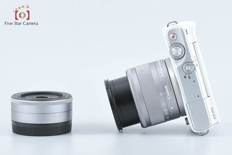 Canon EOS M10 White 18.0MP Digital Mirrorless Camera 15-45 22 Lenses [Very Good]