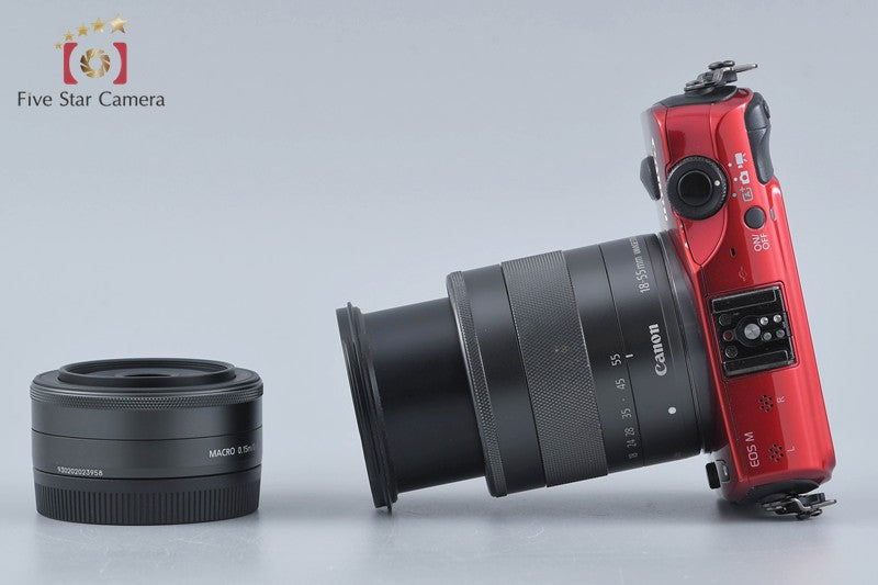Canon EOS M Red 18.0 MP Mirrorless Camera 18-55 22 Lenses w/ Box
