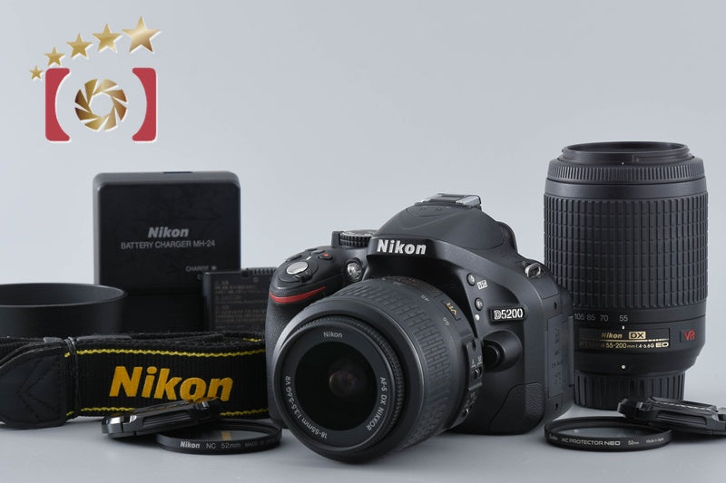 Nikon D5200 Black 24.1 MP Digital SLR Camera 18-55 55-200 Lenses [Very Good]