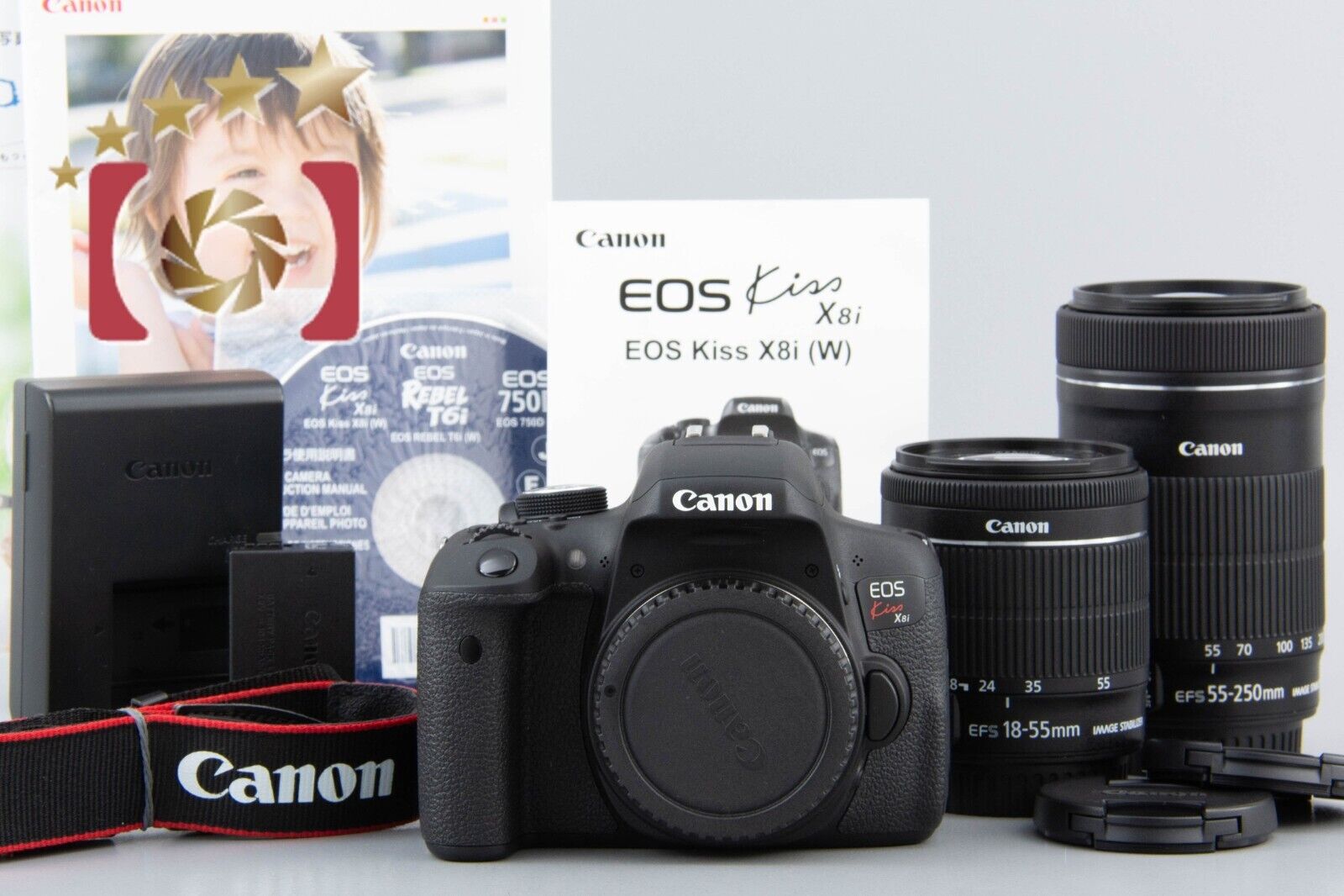 Canon EOS Kiss X8i / Rebel T6i / 750D 24.2 MP DSLR 18-55 55-250 Lens Kit